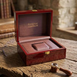May include: A polished dark wood watch display box with a hinged lid and gold-tone latch. The interior is lined with brown material featuring a central watch cushion and the gold text PANERAI LUMINOR. A jeweler's loupe with a wood handle sits nearby.