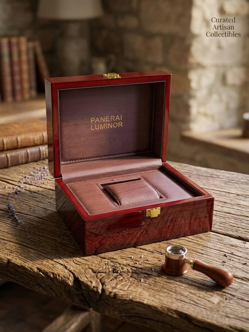 May include: A polished dark wood watch display box with a hinged lid and gold-tone latch. The interior is lined with brown material featuring a central watch cushion and the gold text PANERAI LUMINOR. A jeweler's loupe with a wood handle sits nearby.