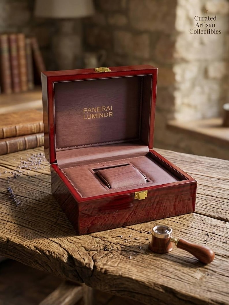 May include: A polished dark wood watch display box with a hinged lid and gold-tone latch. The interior is lined with brown material featuring a central watch cushion and the gold text PANERAI LUMINOR. A jeweler's loupe with a wood handle sits nearby.