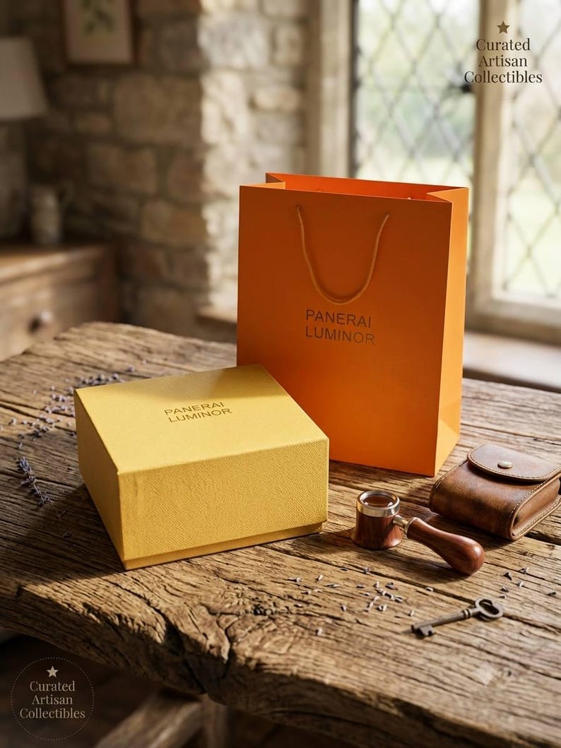 May include: An orange shopping bag and a yellow square box, both featuring the text Panerai Luminor. Beside them sits a brown wooden magnifying glass with a metal rim and a small brown leather pouch, along with a metal key on a wooden surface.