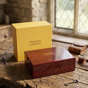 May include: A yellow rectangular box with the text PANERAI LUMINOR printed on the front, positioned behind a polished dark wood rectangular box that also features the text PANERAI LUMINOR in gold lettering on its top surface.