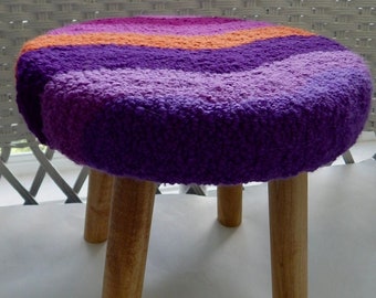 Punch Needle Stool, Stepping Stool, Round Stool, Wood Stool, Plant Stand, Accent Table, Purple, Orange and Pink Stool