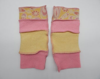 Recycled Cashmere Arm Warmers, Fingerless  Mittens, Fingerless Gloves, Computer Gloves  - Floral, Pink and Yellow