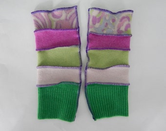 Recycled Cashmere Arm Warmers, Fingerless  Mittens, Fingerless Gloves, Computer Gloves  - Floral, Pink and Green