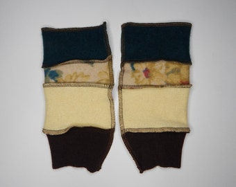 Recycled Cashmere Arm Warmers, Fingerless  Mittens, Fingerless Gloves, Computer Gloves  - Dark Green, Floral, Yellow and Brown