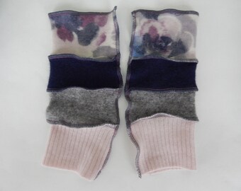 Recycled Cashmere Arm Warmers, Fingerless  Mittens, Fingerless Gloves, Computer Gloves  - Floral, Blue, Grey and Pink