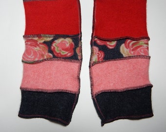 Recycled Cashmere Arm Warmers, Fingerless  Mittens, Fingerless Gloves, Computer Gloves  -  Red, Floral Rose, Coral and Charcoal Gray