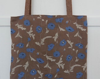 B1-2 Japanese Floral and Tote, Market Bag, Shoulder Purse, Reversible Tote, Linen Shoulder Bag, Linen Shoulder Tote, Poppies