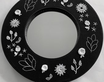 Hand Embroidered Double Hoop Mirror in Black and White with Flowers