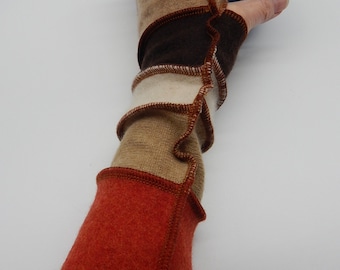 Recycled Cashmere Arm Warmers, Fingerless  Mittens, Fingerless Gloves, Computer Gloves  - Brown, Oatmeal and Rust