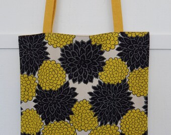 A Japanese Cotton and Linen Floral Tote, Market Bag, Shoulder Purse, Reversible Tote, Shoulder Bag, Shoulder Tote - Yellow and Black Flowers