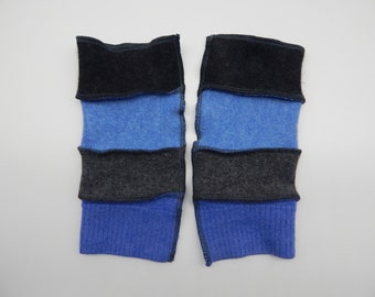 Recycled Cashmere Arm Warmers, Fingerless  Mittens, Fingerless Gloves, Computer Gloves  - Charcoal Grey and Blue