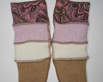 Recycled Cashmere Arm Warmers, Fingerless  Mittens, Fingerless Gloves, Computer Gloves  - Paisley, Pink, Cream and Brown