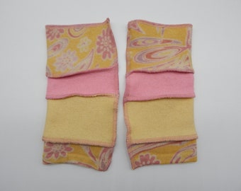 Recycled Cashmere Arm Warmers, Fingerless  Mittens, Fingerless Gloves, Computer Gloves  - Floral, Pink and Yellow