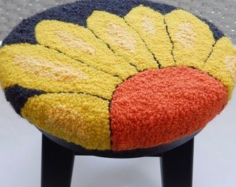 Punch Needle Floral Stool, Stepping Stool, Round Stool, Wood Stool, Plant Stand, Accent Table, Yellow, Orange, Grey and Black Stool