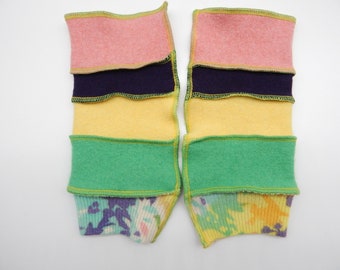 Recycled Cashmere Arm Warmers, Fingerless  Mittens, Fingerless Gloves - Coral, Purple, Yellow, Green and Floral