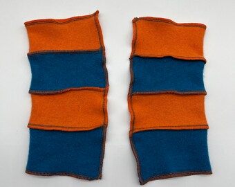 Recycled Cashmere Arm Warmers, Fingerless  Mittens, Fingerless Gloves, Computer Gloves  - Turquoise and Orange