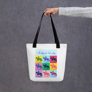 Artful Unity Dressage Horse Tote bag, Equestrian Gifts, Dressage Horse, Dressage Rider Tote Bag, Colorful Horses Tote Bag