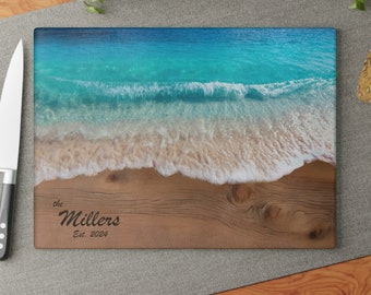 Ocean Glass Cutting Board Personalized Gift for a Family or for a Couple, Serving Board Kitchen Accessory Home Decor Housewarming Gift