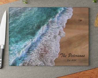 Ocean Glass Cutting Board Personalized Gift for Wedding and Engagement, Serving Board Kitchen Accessory, Home Decor Housewarming Gift
