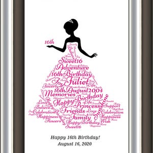 Arte de palavra personalizada Sweet16 para impressão, presente de princesa, arte de parede, download instantâneo, cartão-presente para impressão para aniversário de 16 anos, nome e data personalizados