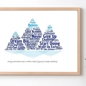 Arte murale con citazioni positive motivazionali stampabili, tema montagna, regalo di laurea, arredamento per ufficio con pensieri positivi, scaricabile