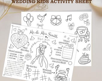 Placemat kinderbruiloft afdrukbare kleurplaat en spelletjes, gepersonaliseerd receptiespel bewerkbaar in canvas, kindertafel bruiloft activiteit