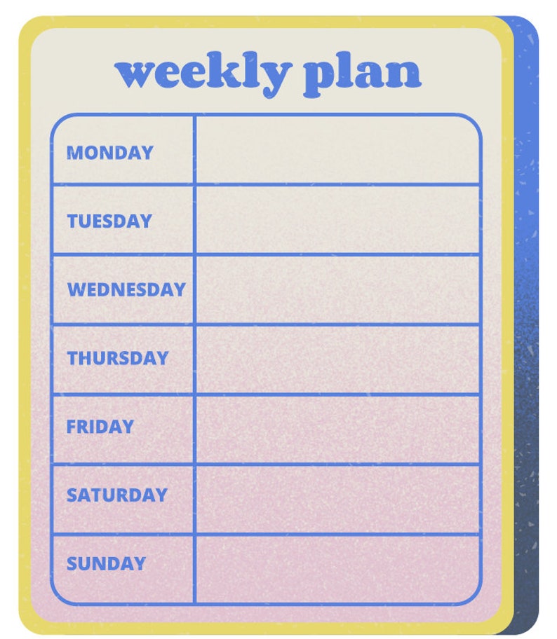 Pode incluir: Um planejador semanal amarelo e azul com o texto "weekly plan" no topo. O planejador tem sete linhas para cada dia da semana: segunda-feira, ter&ccedil;a-feira, quarta-feira, quinta-feira, sexta-feira, s&aacute;bado e domingo.