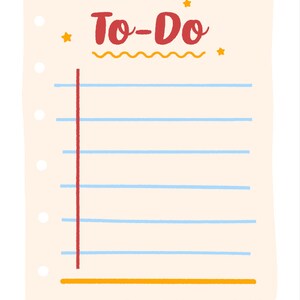 Pode incluir: Uma lista de tarefas com um t&iacute;tulo vermelho e estrelas amarelas em um fundo bege. A lista tem linhas azuis e uma linha vertical vermelha no lado esquerdo.