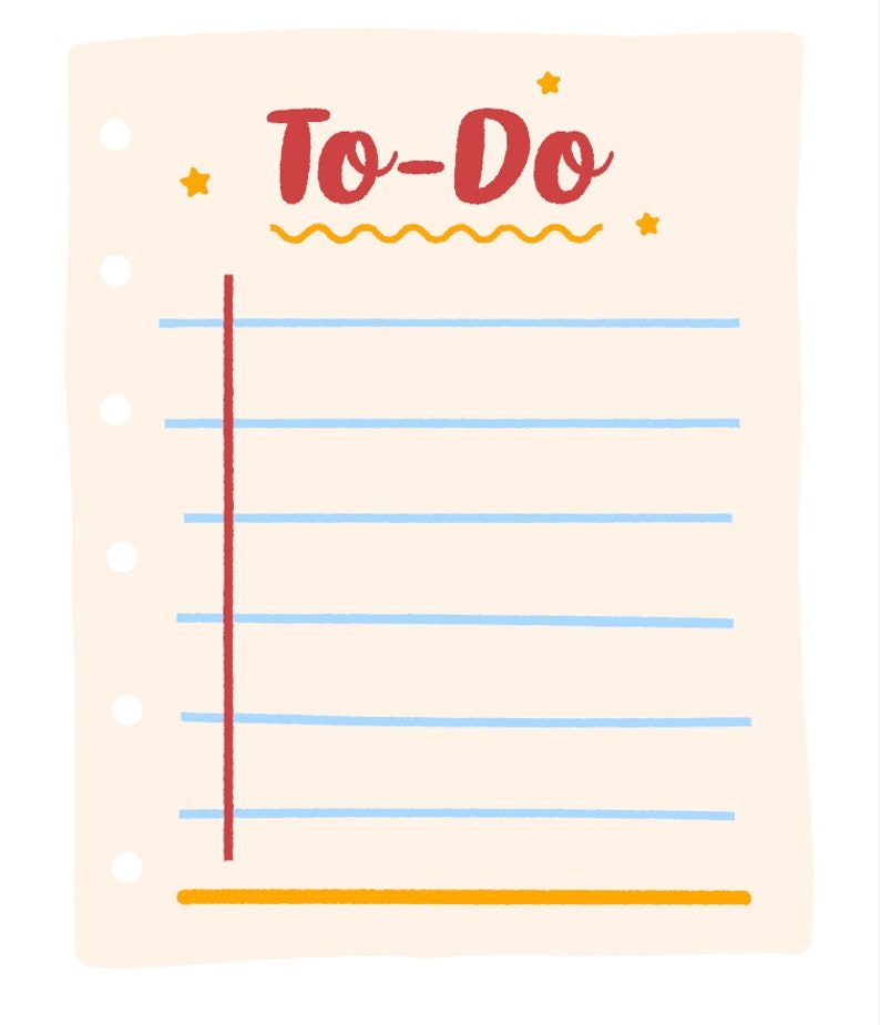 Pode incluir: Uma lista de tarefas com um t&iacute;tulo vermelho e estrelas amarelas em um fundo bege. A lista tem linhas azuis e uma linha vertical vermelha no lado esquerdo.