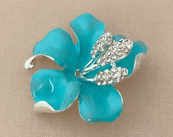 enamel flower brooch hibiscus brooch pin magnolia rose brooch spa blue brooch Aqua flower brooch teal bridal brooch Turquoise brooch