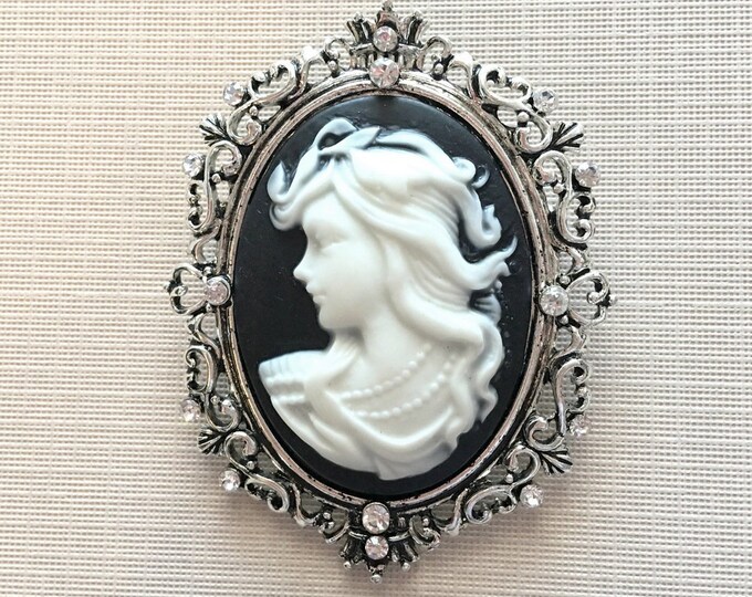 Black & Antique Silver Cameo Brooch Pin and Pendant