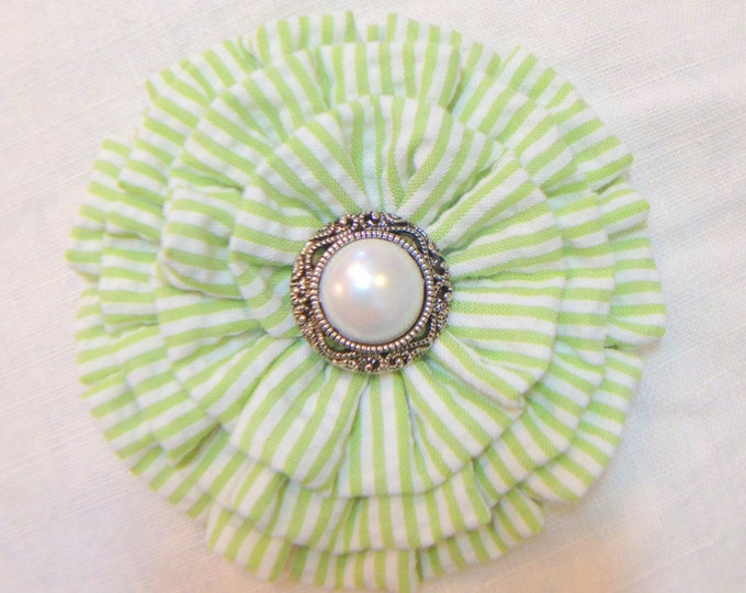 Lime Green Seersucker Hair Clip and/or Brooch Pin. Choose your button/bead finish. Handmade.