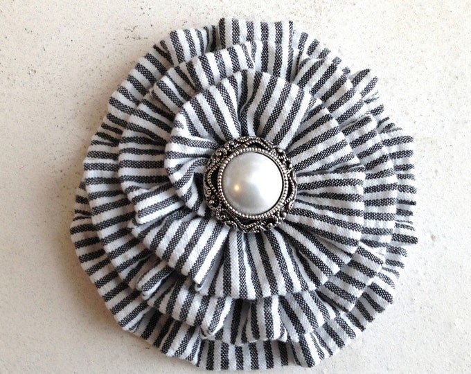 Black Seersucker Fabric Flower Hair Clip and/or Brooch Pin. Choose your button/bead finish. Handmade.