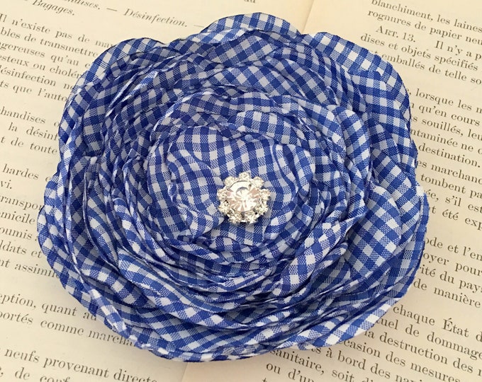 Royal Blue & White Gingham Brooch Pin or Hair Clip. Choose your size and button/bead finish. Handmade.
