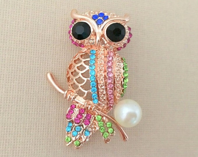 Colorful Rhinestone Owl Brooch Pin