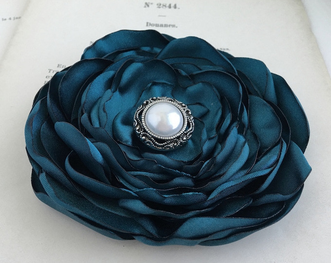 Teal Fabric Flower Brooch Pin or Hair Clip. Choose your size and button/bead finish. Handmade.