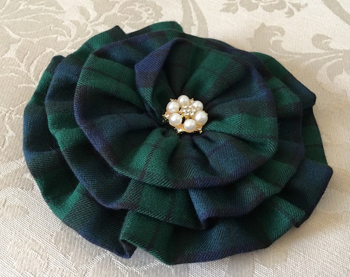 Navy & Green Tartan Plaid Flower Brooch Pin and/or Hair Clip. Choose your button/bead finish. Handmade.