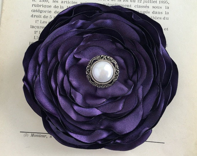 Eggplant Flower Brooch Pin or Hair Clip. Choose your size and button/bead finish. Handmade.