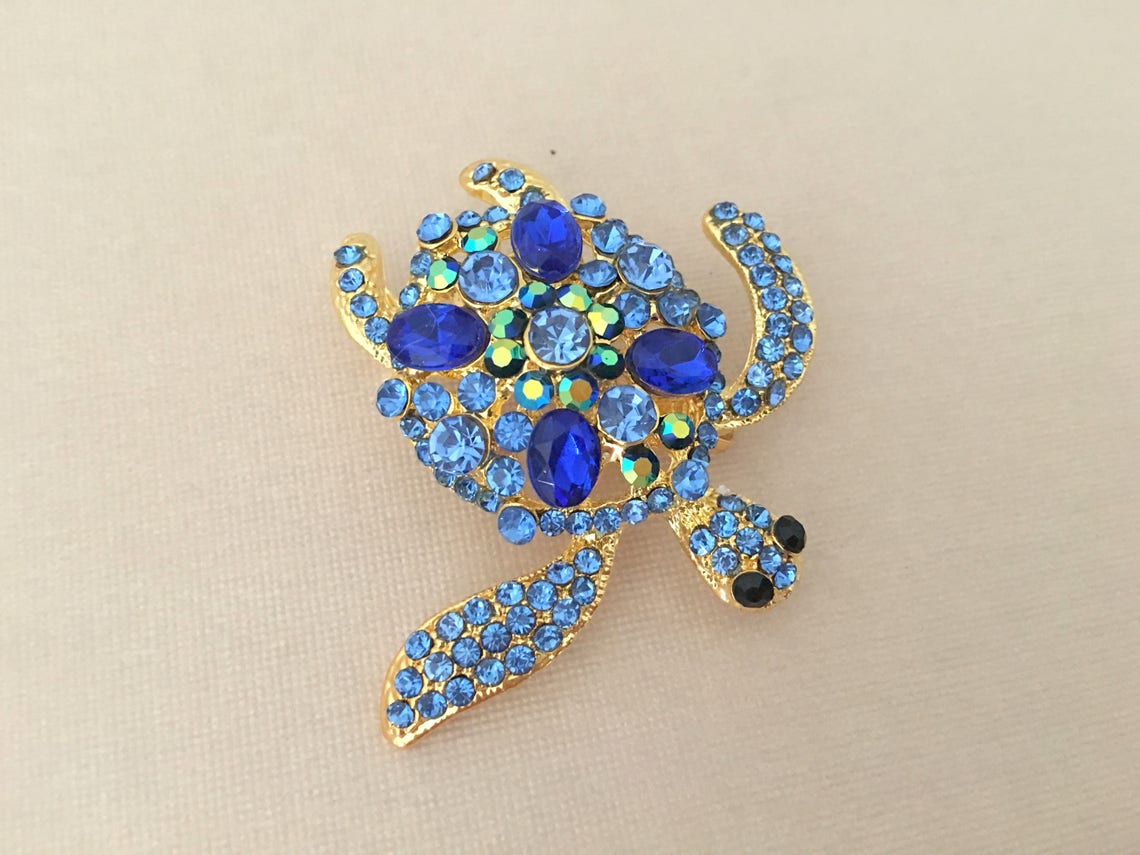 Turtle Brooch.rhinestone Turtle Brooch.sea Turtle Brooch.blue Etsy