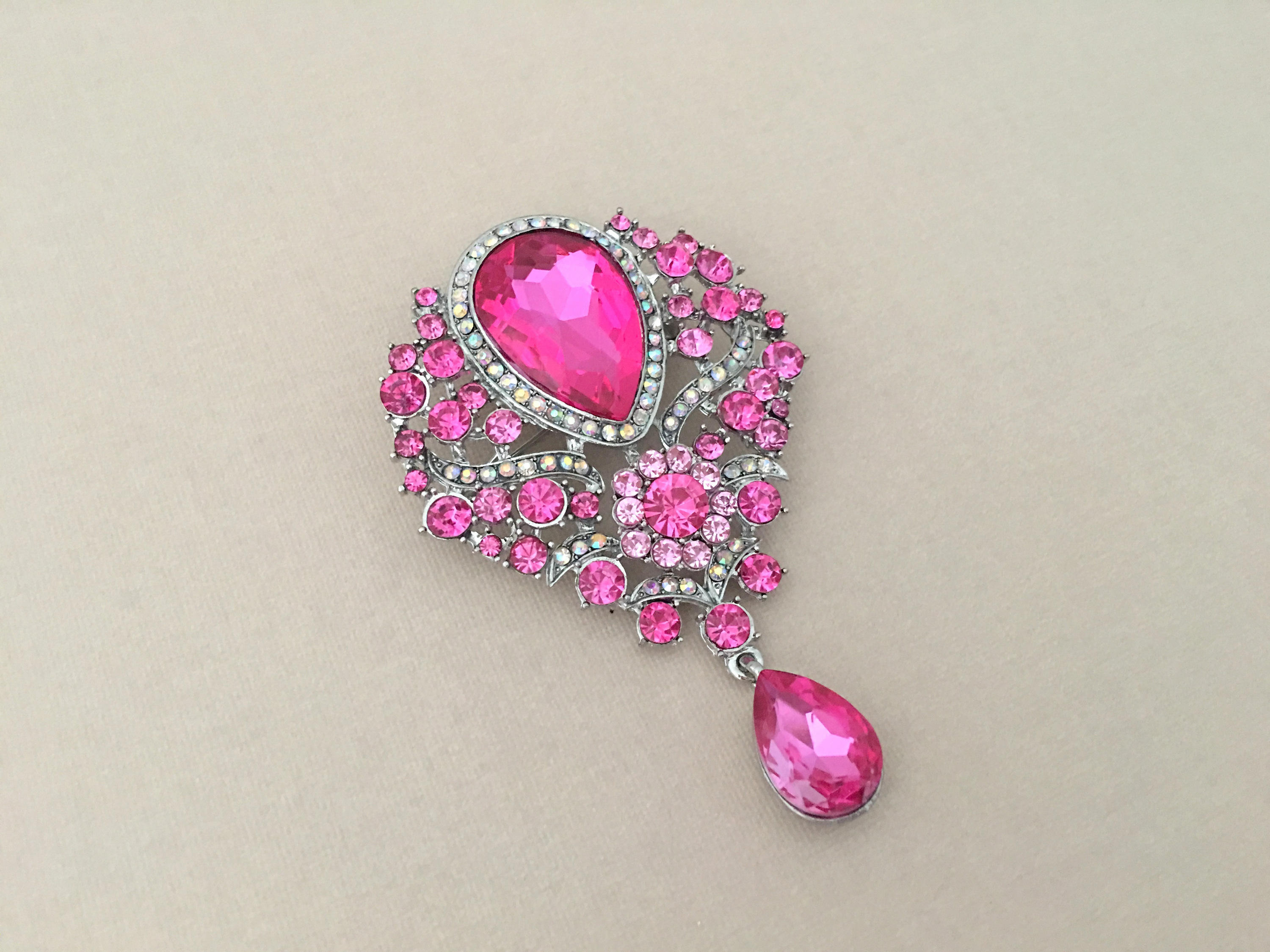 Hot Pink Rhinestone Teardrop Brooch Pin. SLIGHT SECONDS JEWELRY*.