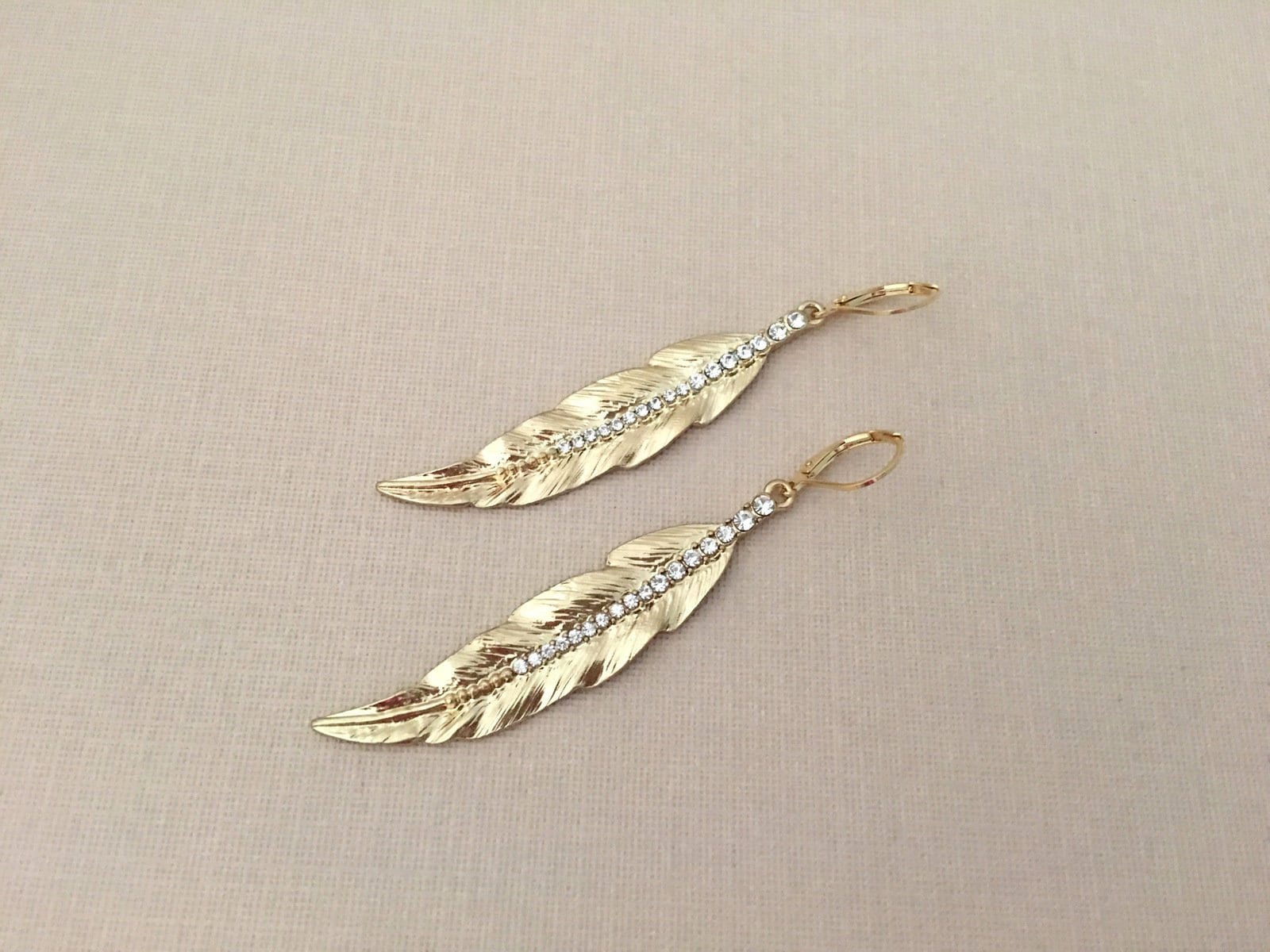 Gold Feather Earrings.Feather Crystal Earrings.Clear Gold | Etsy