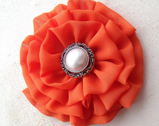 Orange Fabric Flower Hair Clip or Brooch Pin. Choose your button/bead finish. Handmade.