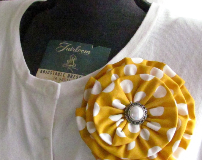 Mustard Yellow Fabric Flower Brooch Pin and/or Hair Clip. Choose your button/bead finish. Handmade.