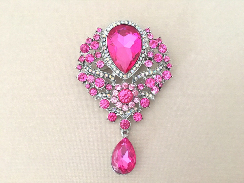 Hot Pink Rhinestone Teardrop Brooch Pin. SLIGHT SECONDS JEWELRY*.