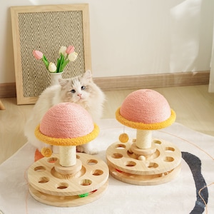 Wood Cat Scratcher| Sisal mushroom cat scratching post| Modern Cat furniture|Interactive toy | Turntable | Cat Tree |Wooden Base &wood ball