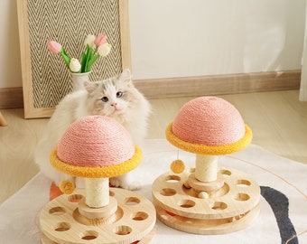 Wood Cat Scratcher| Sisal mushroom cat scratching post| Modern Cat furniture|Interactive toy | Turntable | Cat Tree |Wooden Base &wood ball