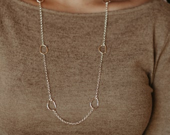 30" Long Sterling Silver Station Chain Necklace • Long Coast Chain Necklace • Layering Necklace • Organic Freeform Statement Necklace