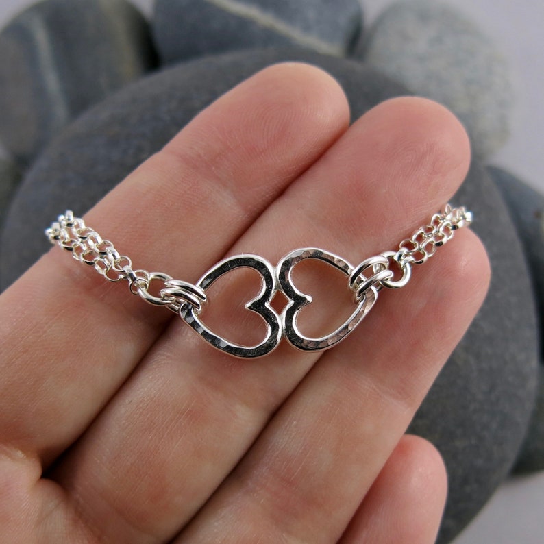 Open Hearts Duo Bracelet Sterling Silver Connected Hearts Bracelet Two Hearts as One Silver Bracelet Silver Heart Pair Charm Bracelet image 5