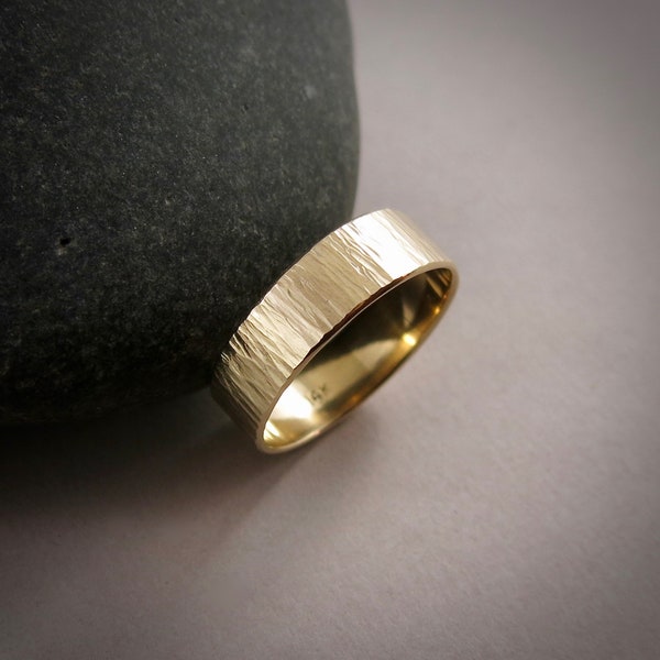Gold Harmony Ring • 14K Bark Textured Solid Gold Ring • Medium Width Wedding Band• Unique Wedding Band For Her or Him • Real Gold Ring